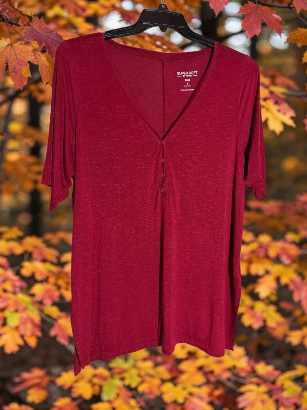 Torrid Super Soft Slub V-Neck Henley Knit Red/Burgundy/Wine Tee/Tunic Sz 2X